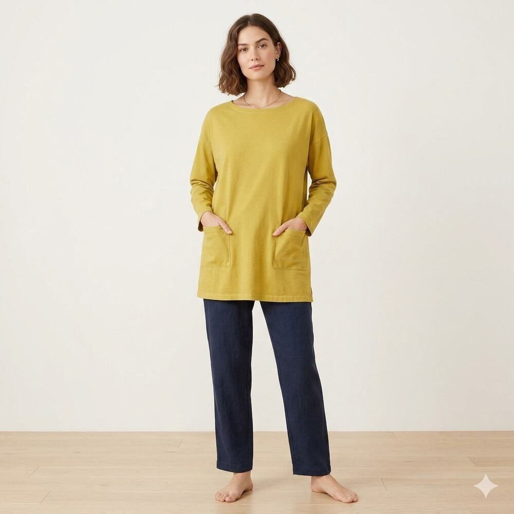 Eileen Fisher Chartreuse Organic Cotton Jersey Knit Crewneck Long Sleeve Tunic M
